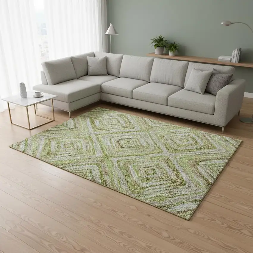 Green Brown And Ivory Geometric Washable Area Rug With UV Protection Photo 2