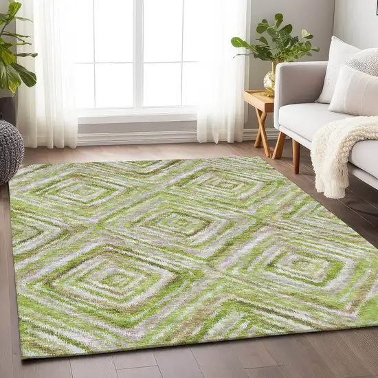 Green Brown And Ivory Geometric Washable Area Rug With UV Protection Photo 5
