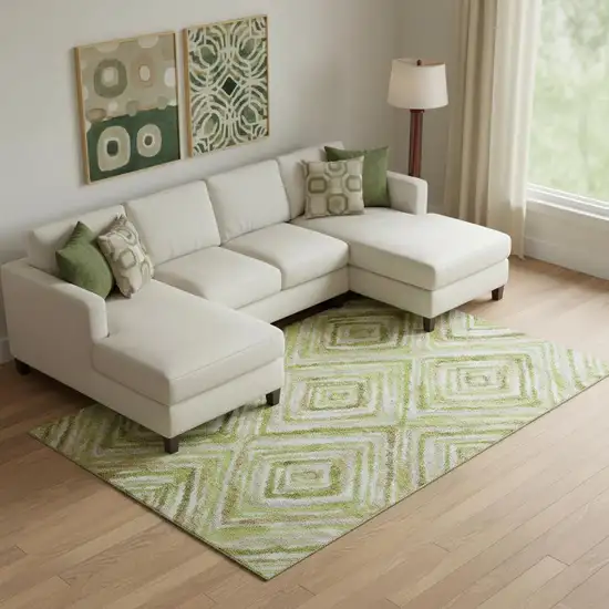 Green Brown And Ivory Geometric Washable Area Rug With UV Protection Photo 1