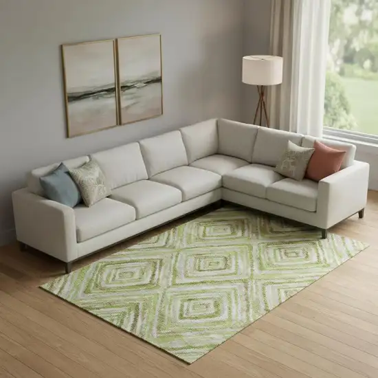 Green Brown And Ivory Geometric Washable Area Rug With UV Protection Photo 1