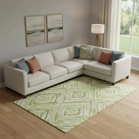 Green Brown And Ivory Geometric Washable Area Rug With UV Protection Photo 1