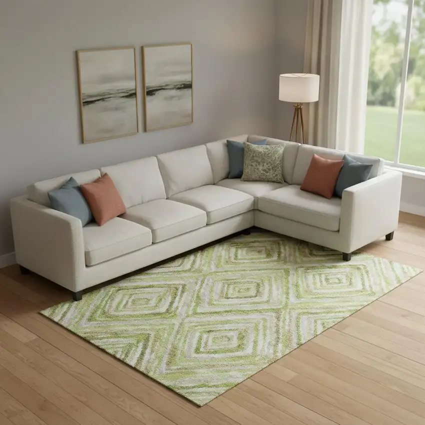 Green Brown And Ivory Geometric Washable Area Rug With UV Protection Photo 1