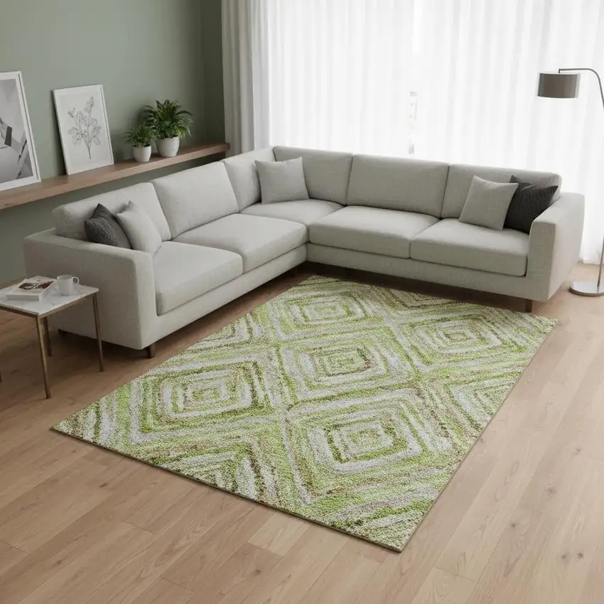 Green Brown And Ivory Geometric Washable Area Rug With UV Protection Photo 2