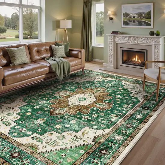 Green Brown And Ivory Medallion Distressed Washable Area Rug Photo 3