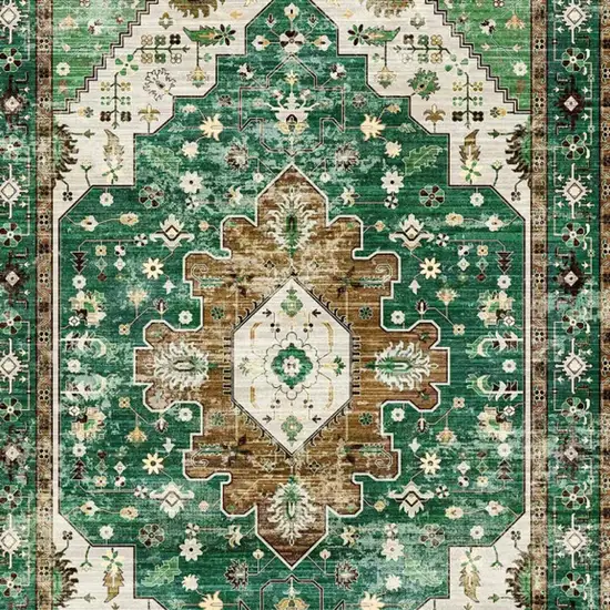 Green Brown And Ivory Medallion Distressed Washable Area Rug Photo 5
