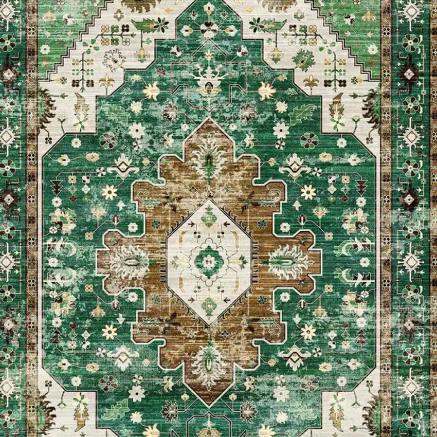 Green Brown And Ivory Medallion Distressed Washable Area Rug Photo 5