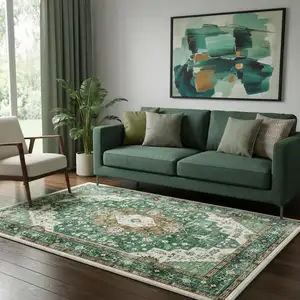 Photo of Green Brown And Ivory Medallion Distressed Washable Area Rug