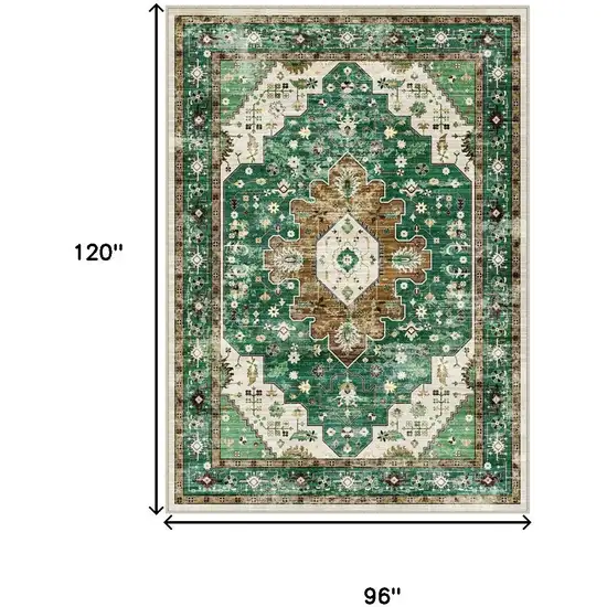 Green Brown And Ivory Medallion Washable Area Rug Photo 3