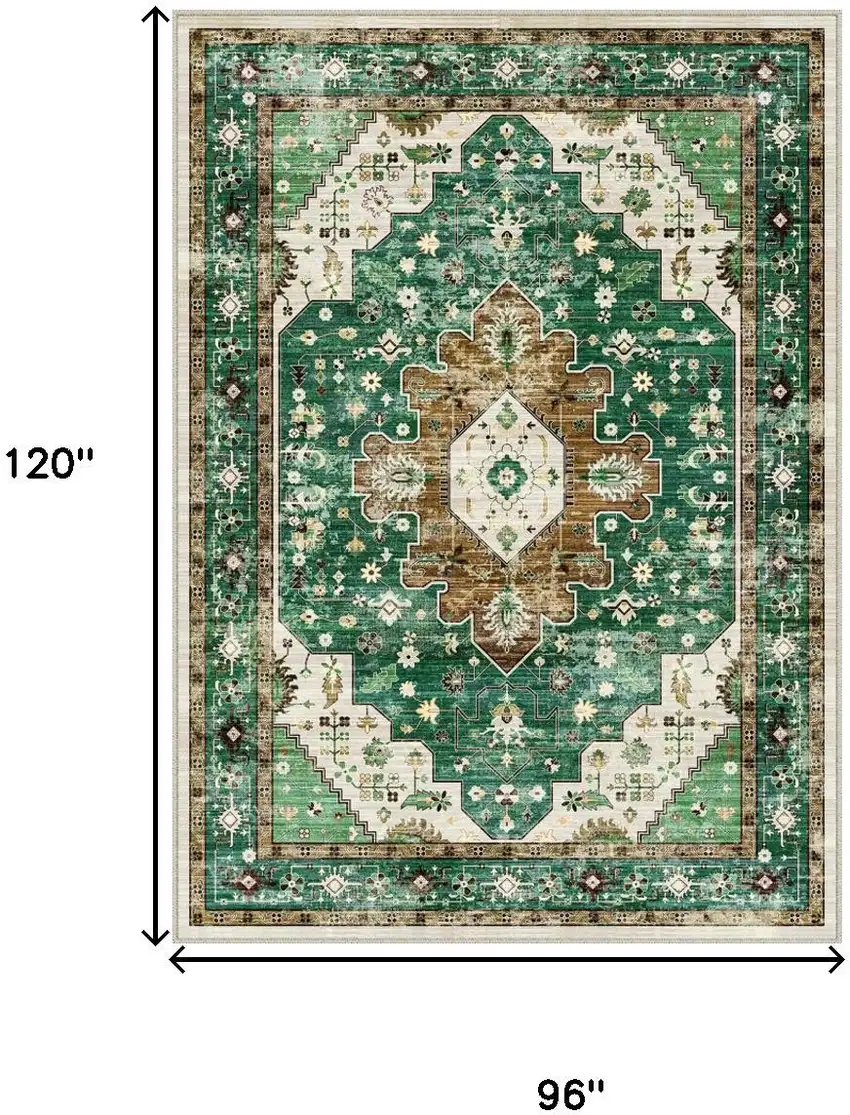 Green Brown And Ivory Medallion Washable Area Rug Photo 3