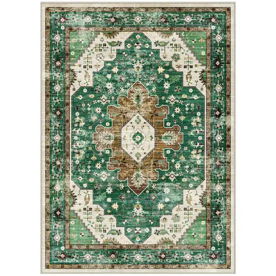 Green Brown And Ivory Medallion Washable Area Rug Photo 2