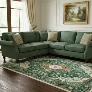 Photo of Green Brown And Ivory Medallion Washable Area Rug