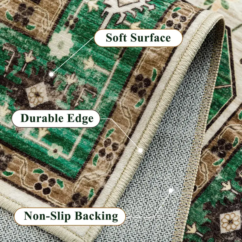 Green Brown And Ivory Medallion Washable Area Rug Photo 9