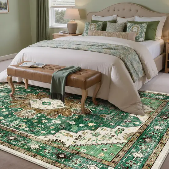 Green Brown And Ivory Medallion Washable Area Rug Photo 5