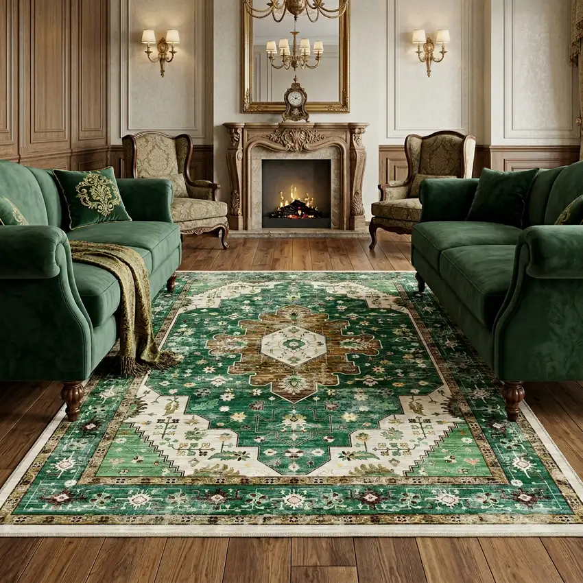 Green Brown And Ivory Medallion Washable Area Rug Photo 1