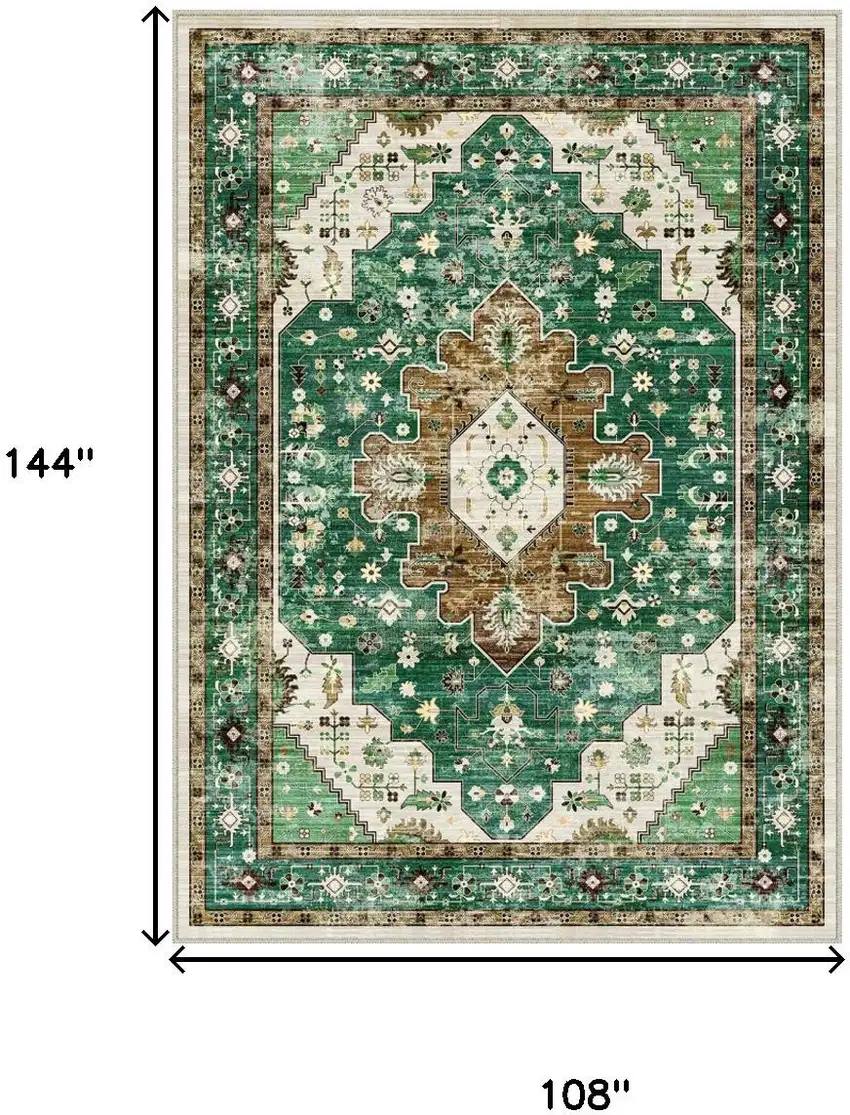 Green Brown And Ivory Medallion Washable Area Rug Photo 3