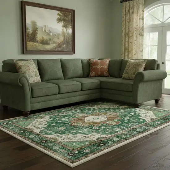 Green Brown And Ivory Medallion Washable Area Rug Photo 1
