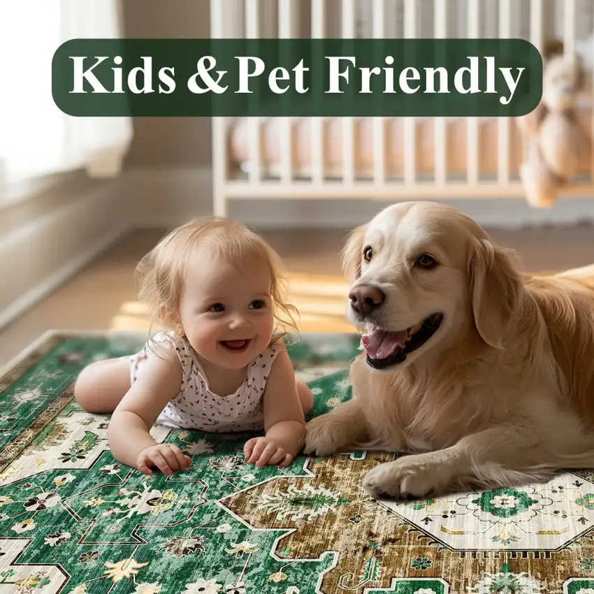 Green Brown And Ivory Medallion Washable Area Rug Photo 5