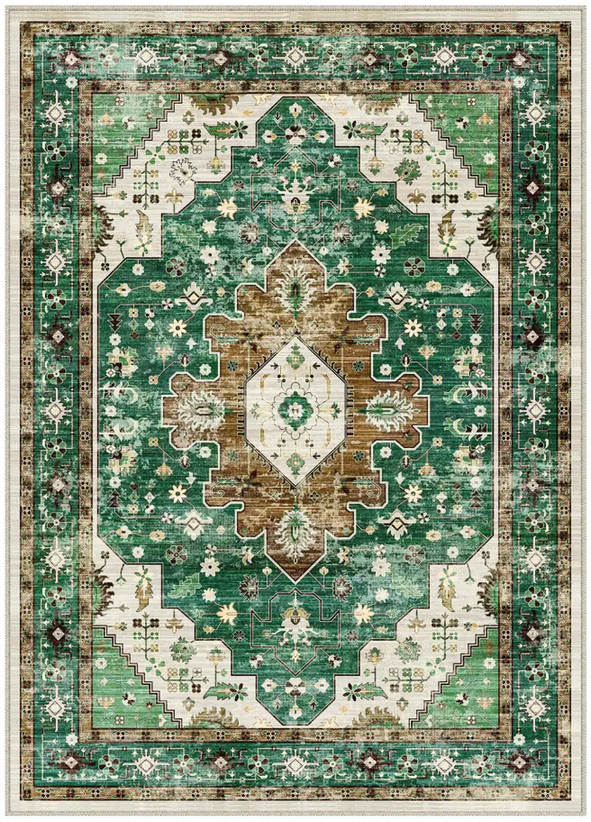 Green Brown And Ivory Medallion Washable Area Rug Photo 2