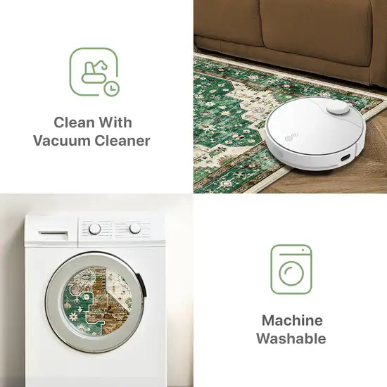 Green Brown And Ivory Medallion Washable Area Rug Photo 6