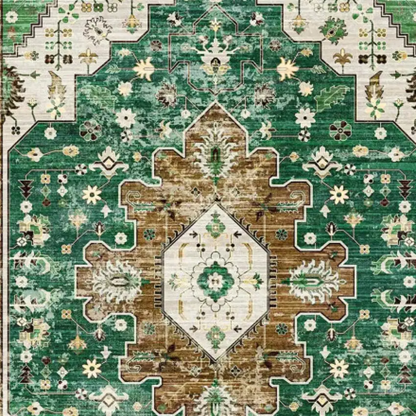 Green Brown And Ivory Medallion Washable Area Rug Photo 4