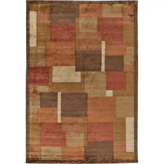 Green Brown And Orange Checkered Hand Knotted Area Rug Photo 2