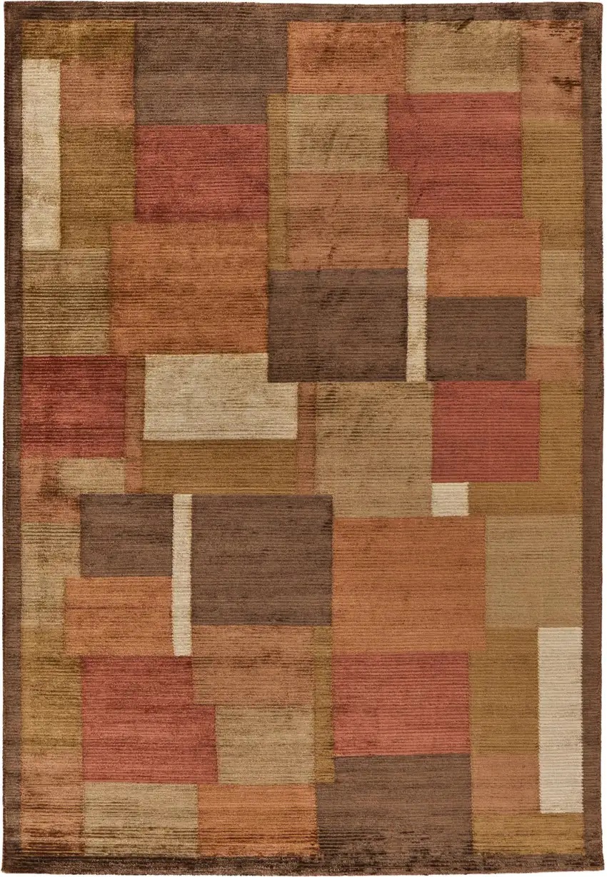 Green Brown And Orange Checkered Hand Knotted Area Rug Photo 2