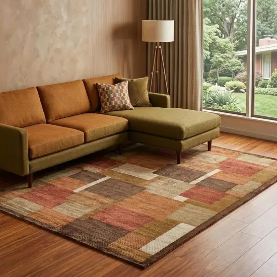 Green Brown And Orange Checkered Hand Knotted Area Rug Photo 1