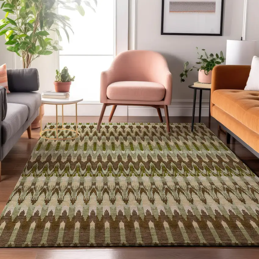 Green Brown And Silver Southwestern Washable Area Rug With UV Protection Photo 4