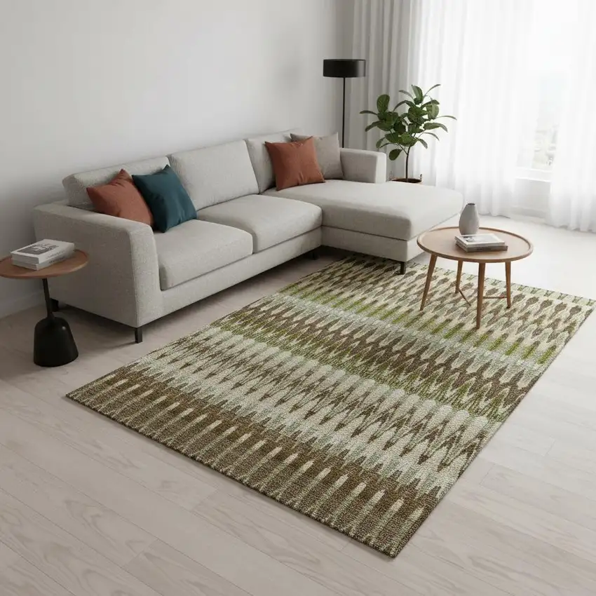 Green Brown And Silver Southwestern Washable Area Rug With UV Protection Photo 2