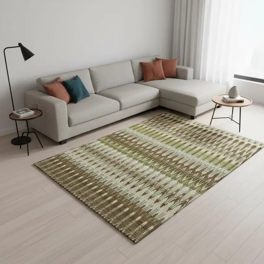 Green Brown And Silver Southwestern Washable Area Rug With UV Protection Photo 2