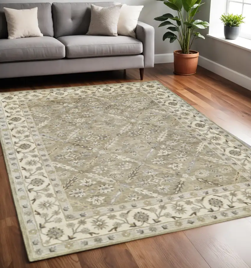 Green Brown And Taupe Wool Paisley Tufted Handmade Stain Resistant Area Rug Photo 1