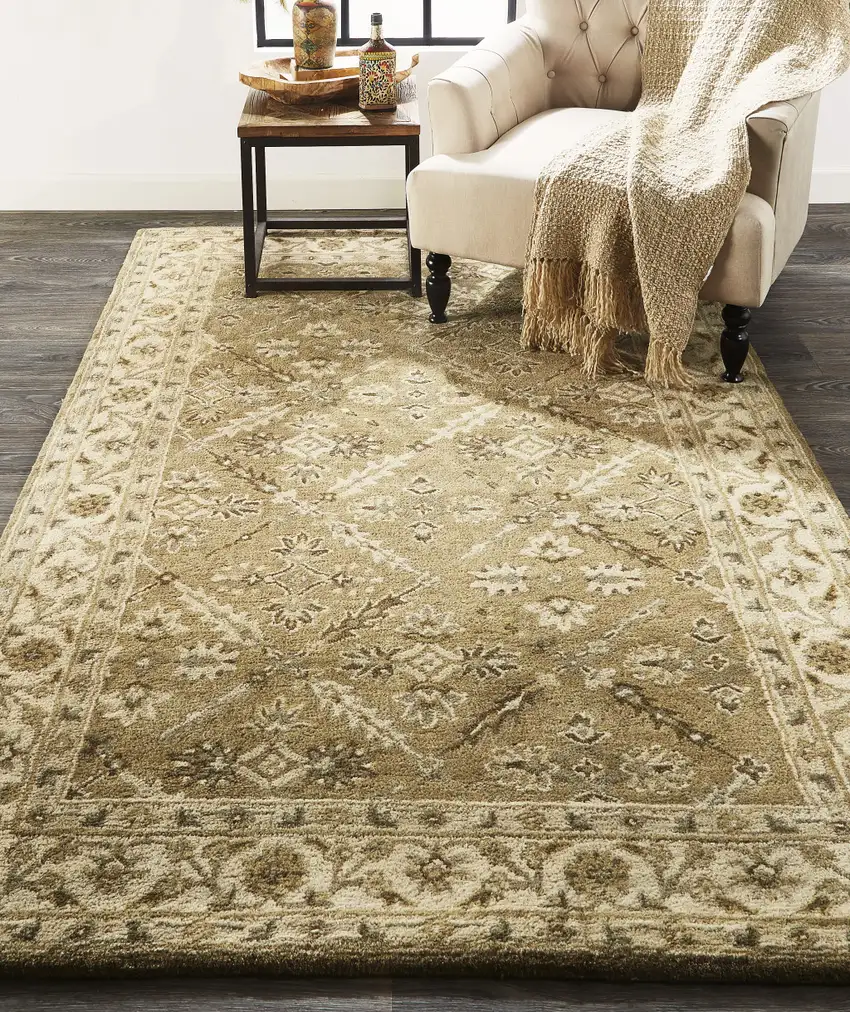 Green Brown And Taupe Wool Paisley Tufted Handmade Stain Resistant Area Rug Photo 7