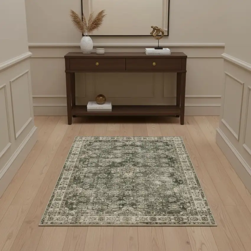 Green Brown Beige Yellow And Olive Oriental Printed Stain Resistant Non Skid Area Rug Photo 1