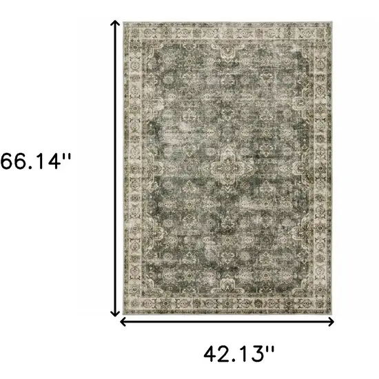 Green Brown Beige Yellow And Olive Oriental Printed Stain Resistant Non Skid Area Rug Photo 3