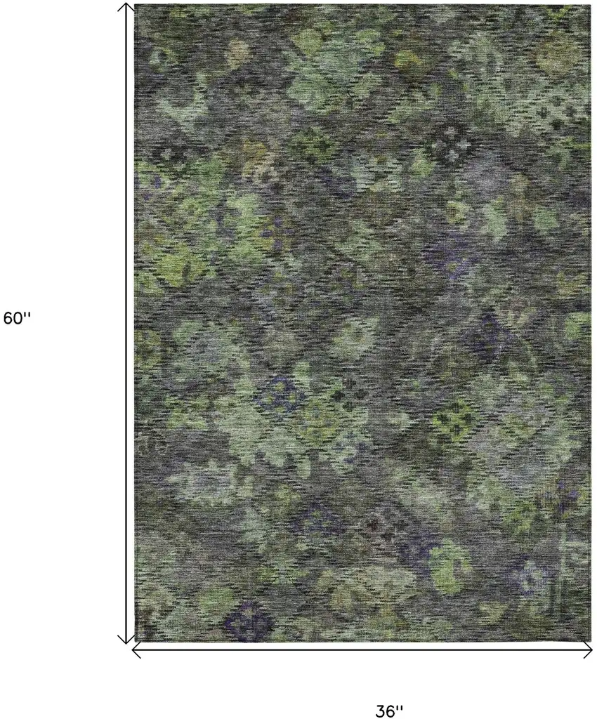Green Charcoal And Black Floral Washable Indoor Outdoor Area Rug Photo 7