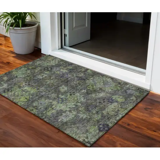 Green Charcoal And Black Floral Washable Indoor Outdoor Area Rug Photo 1