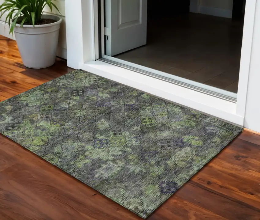 Green Charcoal And Black Floral Washable Indoor Outdoor Area Rug Photo 1