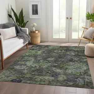 Photo of Green Charcoal And Black Floral Washable Indoor Outdoor Area Rug