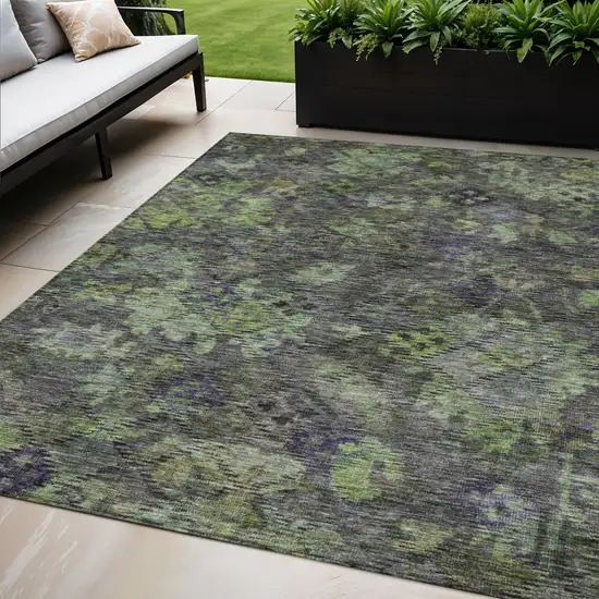 Green Charcoal And Black Floral Washable Indoor Outdoor Area Rug Photo 1