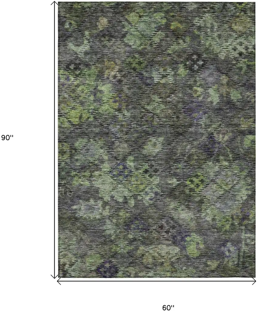 Green Charcoal And Black Floral Washable Indoor Outdoor Area Rug Photo 7