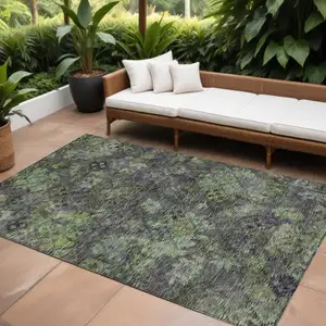 Photo of Green Charcoal And Black Floral Washable Indoor Outdoor Area Rug
