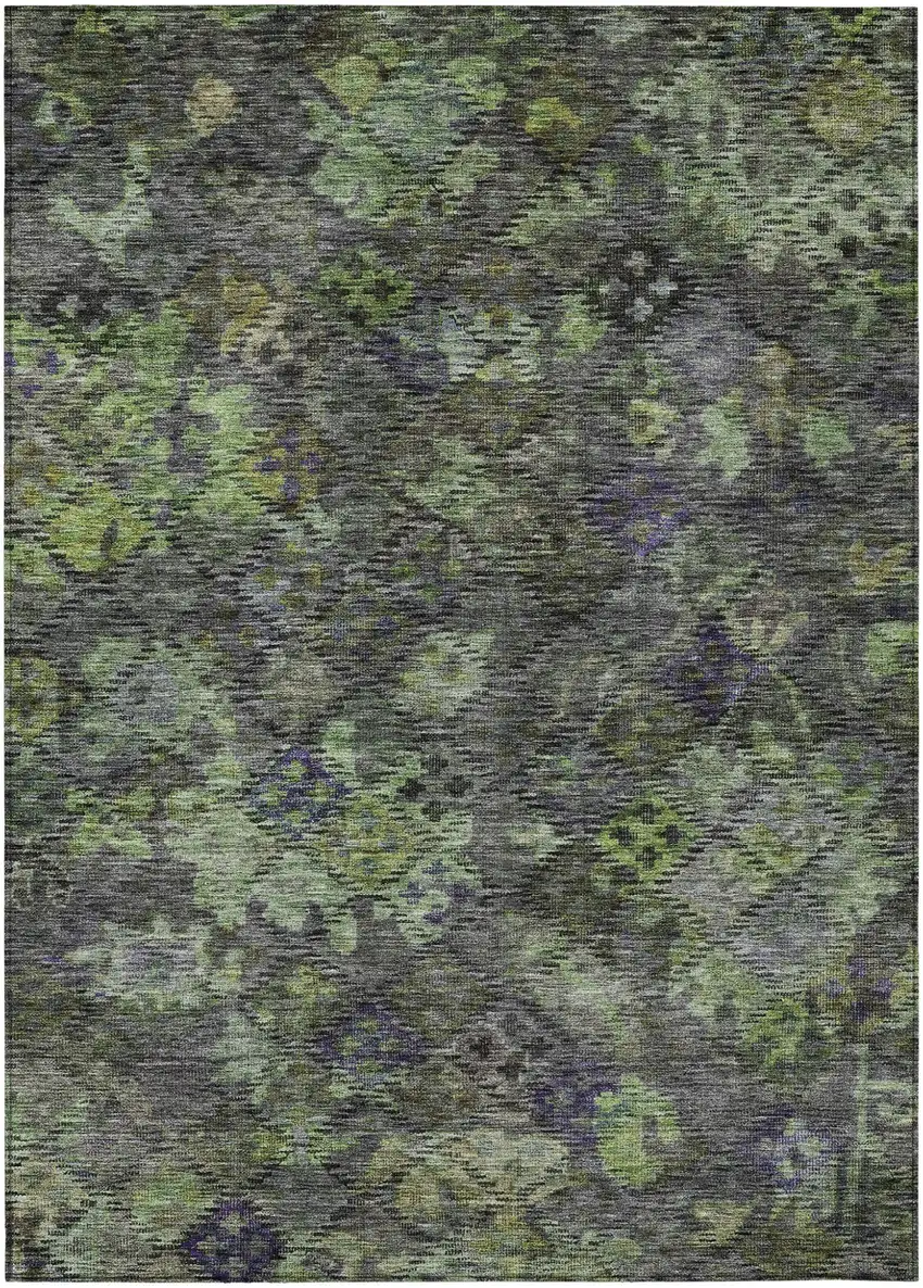 Green Charcoal And Black Floral Washable Indoor Outdoor Area Rug Photo 2
