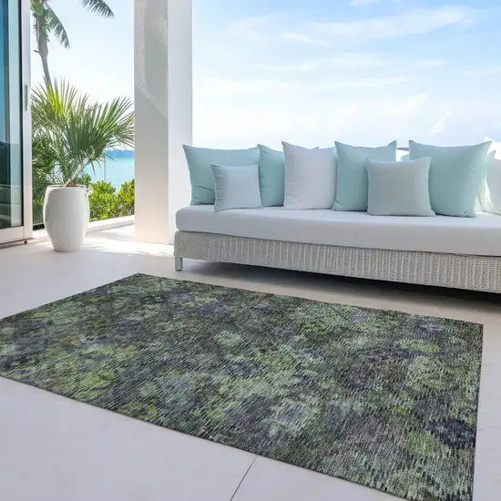 Green Charcoal And Black Floral Washable Indoor Outdoor Area Rug Photo 7