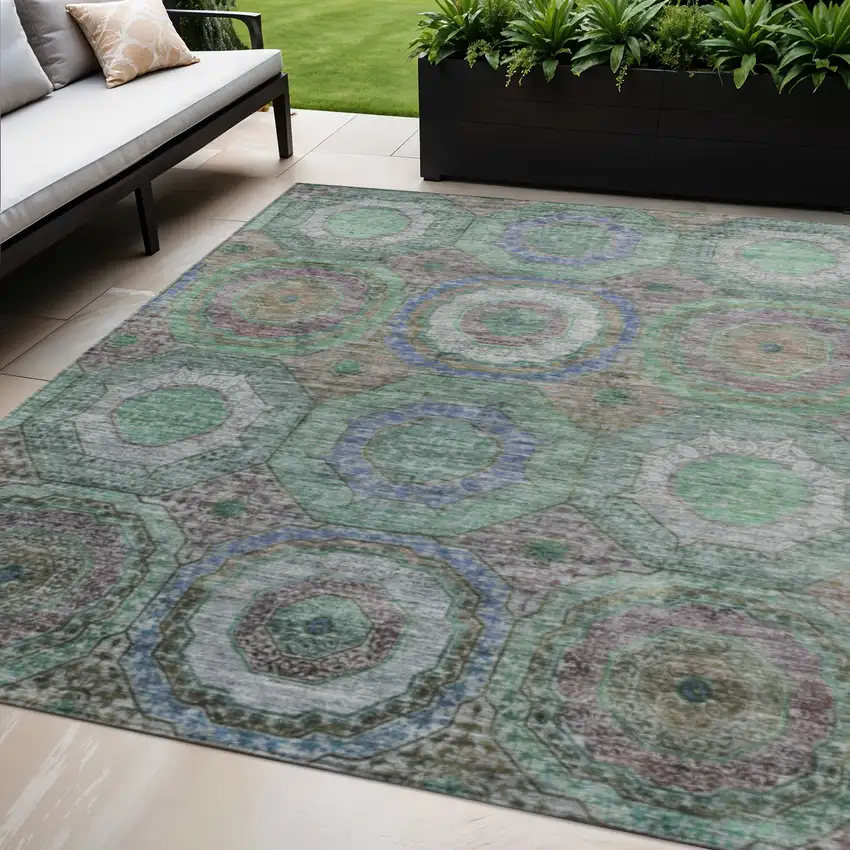 Green Charcoal And Purple Geometric Washable Indoor Outdoor Area Rug Photo 2