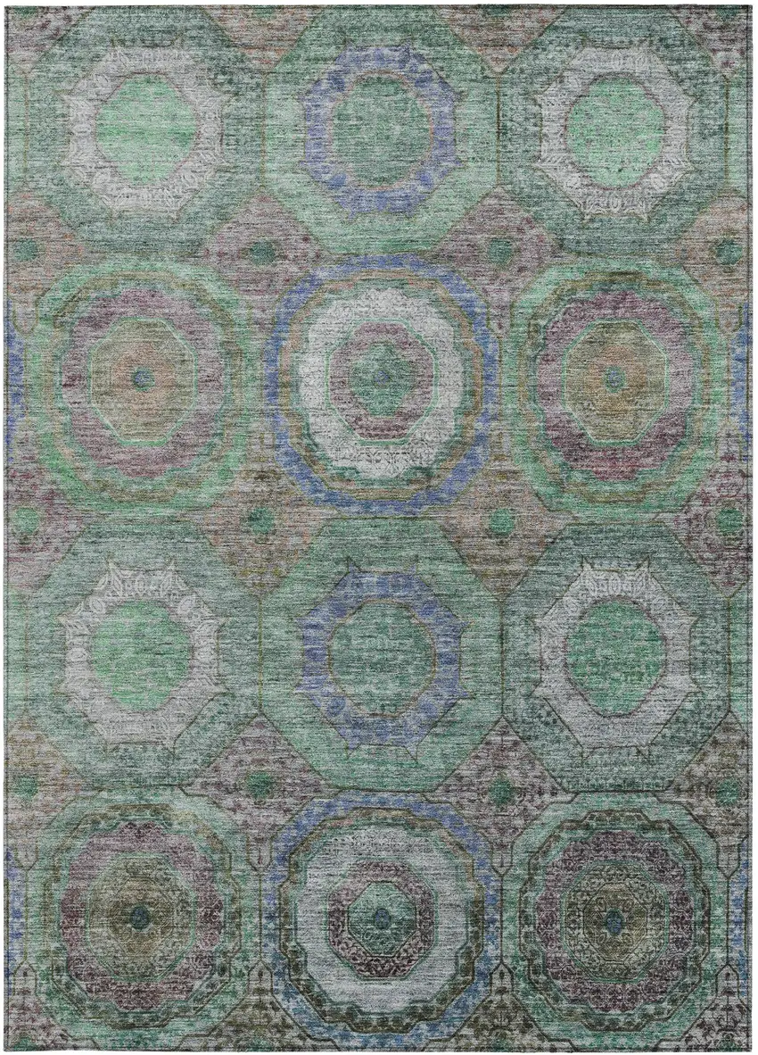 Green Charcoal And Purple Geometric Washable Indoor Outdoor Area Rug Photo 3