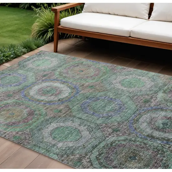 Green Charcoal And Purple Geometric Washable Indoor Outdoor Area Rug Photo 2