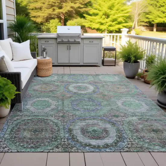 Green Charcoal And Purple Geometric Washable Indoor Outdoor Area Rug Photo 5