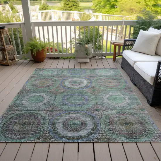Green Charcoal And Purple Geometric Washable Indoor Outdoor Area Rug Photo 8