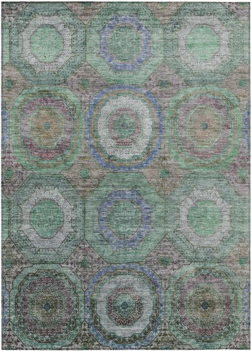 Green Charcoal And Purple Geometric Washable Indoor Outdoor Area Rug Photo 1