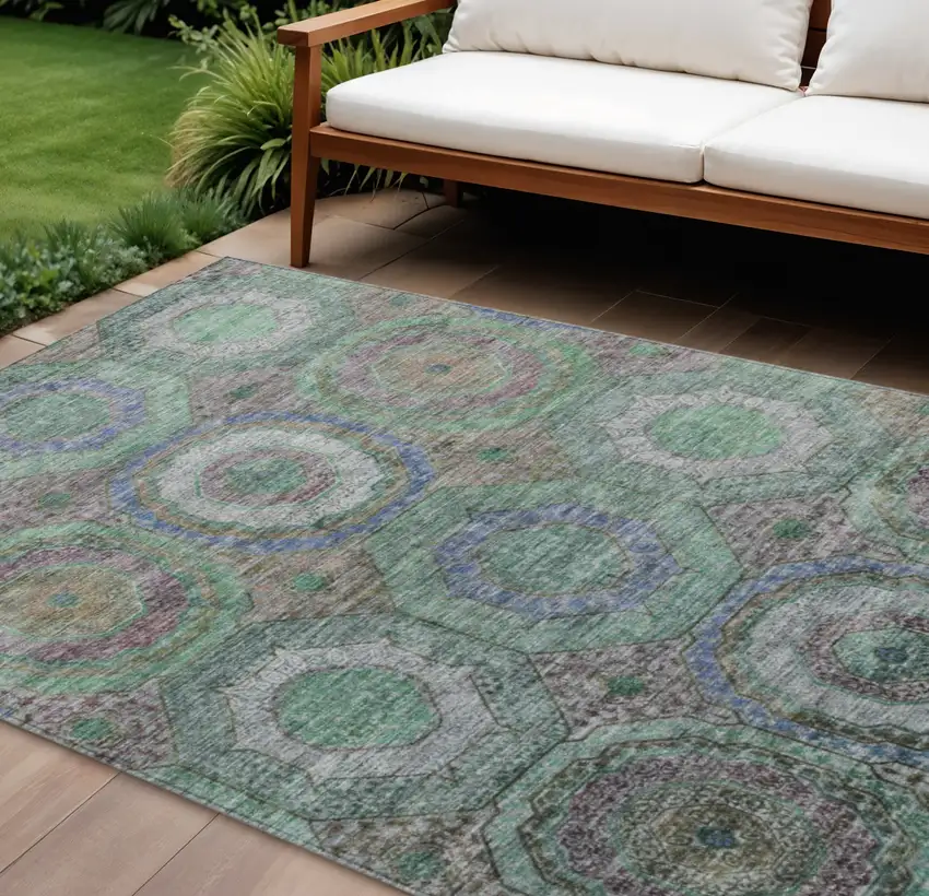 Green Charcoal And Purple Geometric Washable Indoor Outdoor Area Rug Photo 2